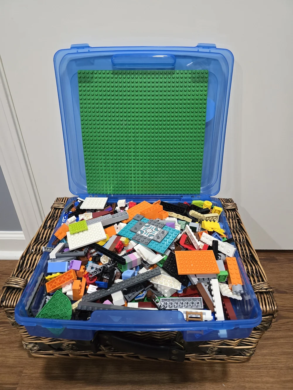 Lego Blue Carrying Case with Green Baseplate and Yellow Face Plate W/ Misc Legos
